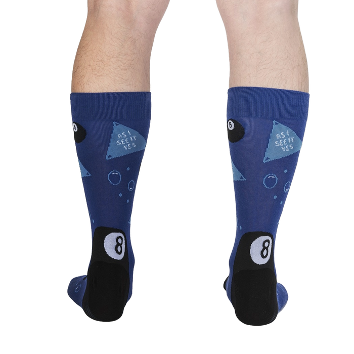 Rear view of the socks on a person's legs showing the back design.