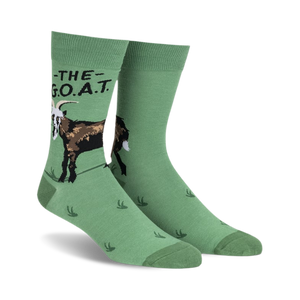 Pair of green crew socks with a brown goat graphic and 'The G.O.A.T.' text.