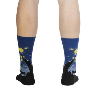 Rear view of a person wearing The Starry Flight socks, showcasing the sock's design from the back.