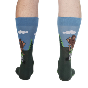 Rear view of a person wearing the 'Bucket List' socks, showcasing the design on the back of the socks.