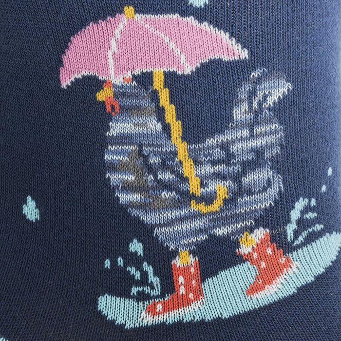 Close-up detail shot of a chicken with an umbrella on the socks, showcasing the knit texture and color details.