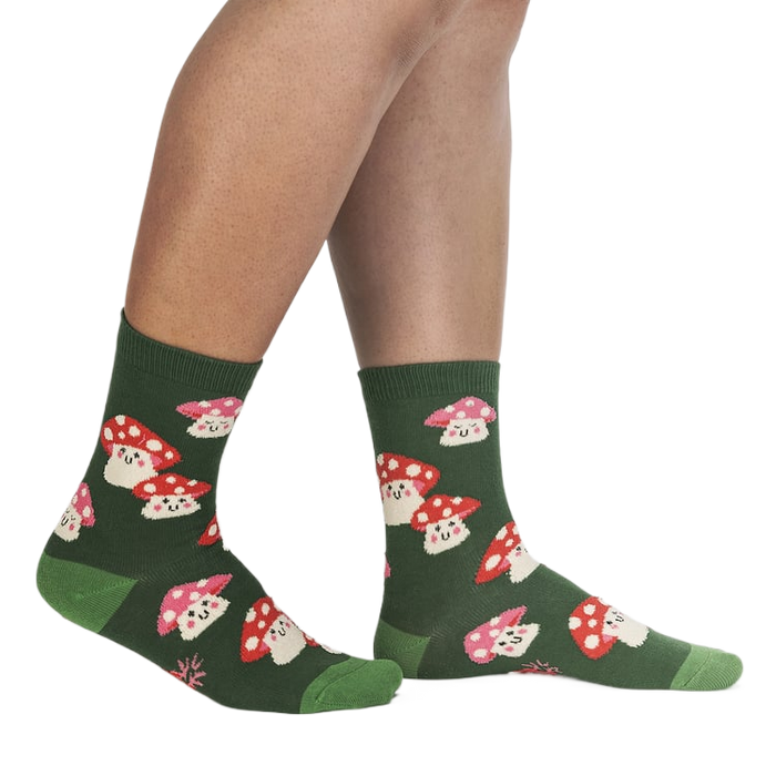 Lifestyle shot showing the Mellow Mushroom socks on a person's legs, showcasing the fit and style.