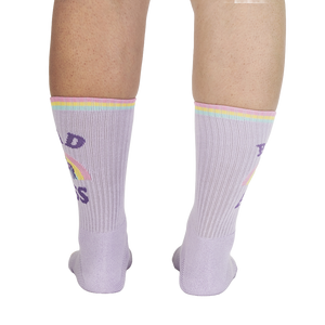 Rear view of the socks on a person's legs, showing the back design.
