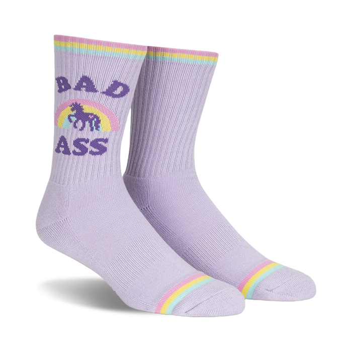 bad ass magic crew socks for men and women feature a unicorn in front of a rainbow and the phrase 