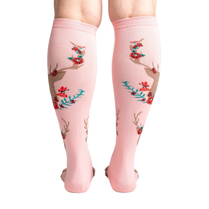 Back view of 'Fawn'd of You' knee-high socks, showing the full floral and deer design on a pink background.