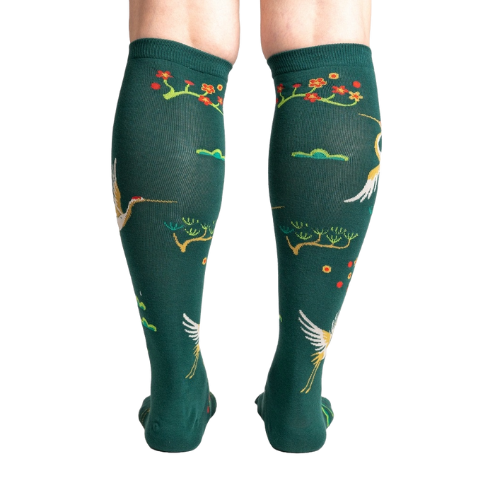 Rear view of the Flying Cranes knee-high socks, highlighting the back design details.