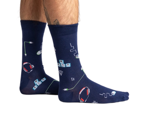 Lifestyle shot showing the socks on a person's legs, showcasing the fit and design.