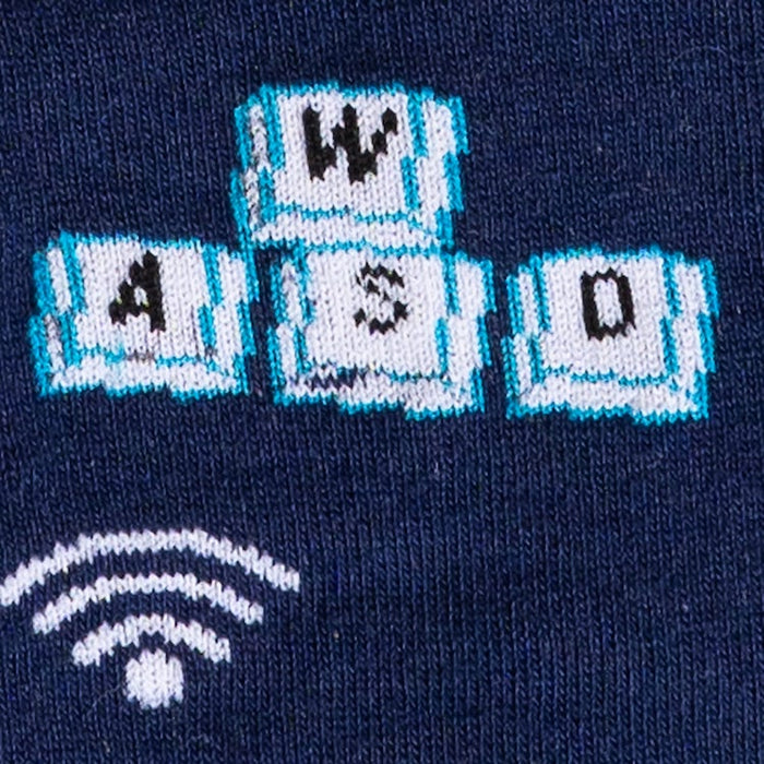 Close-up detail shot of the sock's pixelated keyboard and Wi-Fi symbol design.