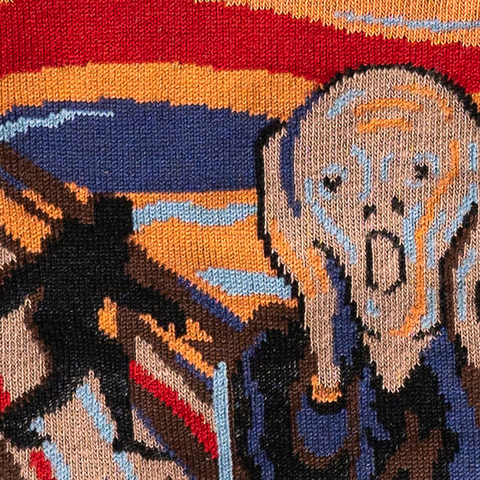 Detailed close-up of the knitted artwork on the socks, emphasizing the intricate details of The Scream.