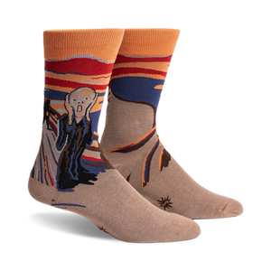 Crew socks in beige, orange, red, and blue, featuring The Scream artwork with a Sasquatch twist.  A fun and artistic design!