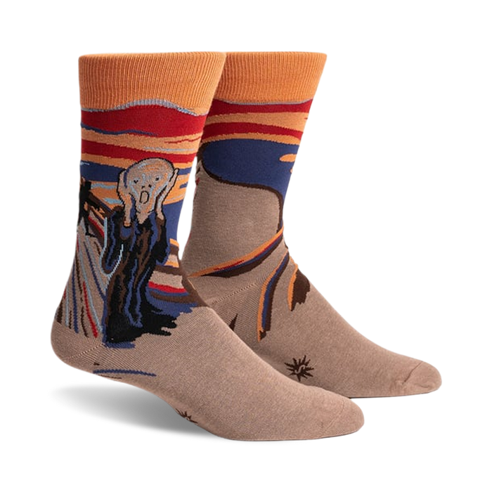 Crew socks in beige, orange, red, and blue, featuring The Scream artwork with a Sasquatch twist.  A fun and artistic design!