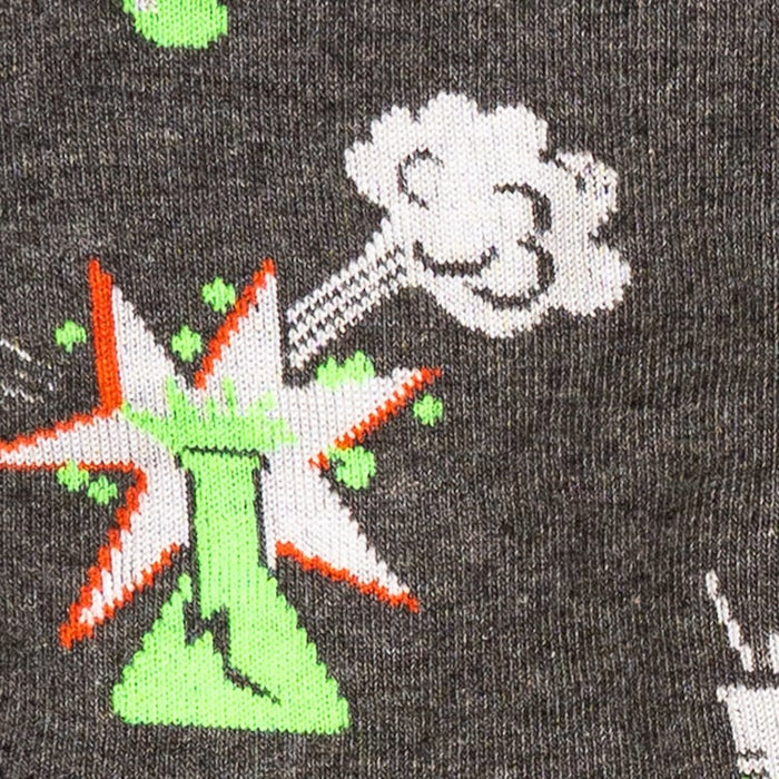 Close-up detail of the sock's design showing the exploding beaker and other lab elements