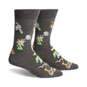 Gray crew socks with a quirky science theme.  Features exploding beakers, test tubes, and other lab equipment in neon green, orange, and white.