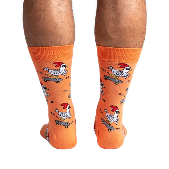 Rear view of the Rad Chicken socks, highlighting the design's full coverage.