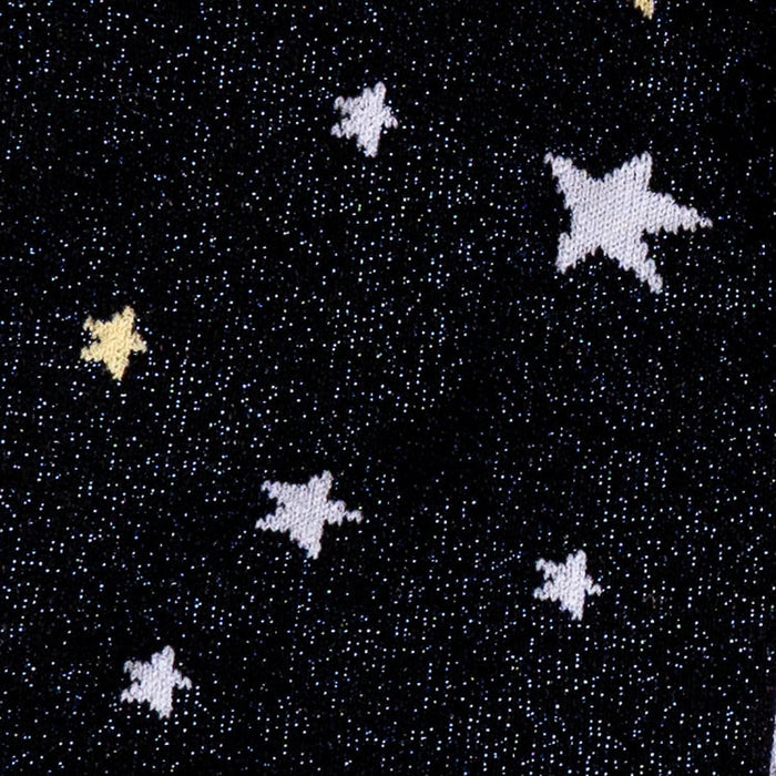 Close-up detail shot of the sock fabric, highlighting the sparkly texture and celestial design.