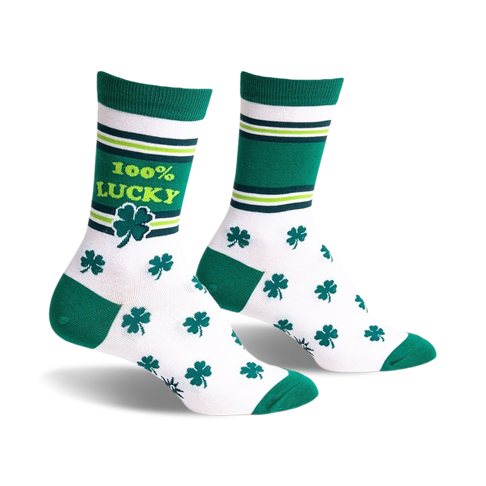 Pair of crew socks in white, green, and lime green. Features shamrock pattern and '100% Lucky' text.