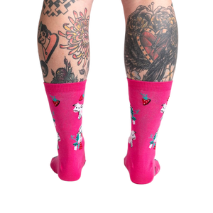 Back view of Strawberry Milk socks on a model, displaying the design on the back of the socks.