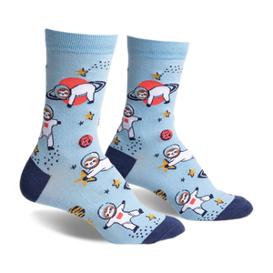 Pair of light blue crew socks with a fun design of sloths dressed as astronauts floating in space with planets and stars.