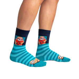 Lifestyle shot showing the socks on a person's legs. The teal and navy blue stripes are visible.
