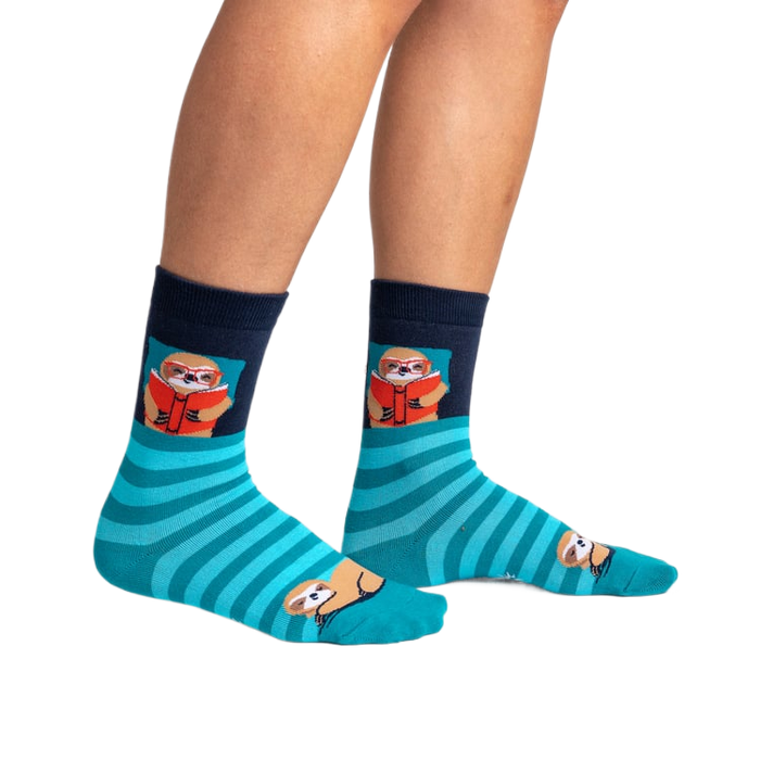 Lifestyle shot showing the socks on a person's legs. The teal and navy blue stripes are visible.