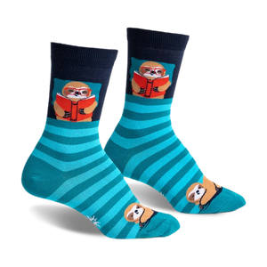 Crew socks in teal and navy blue, featuring a design of sloths reading books.