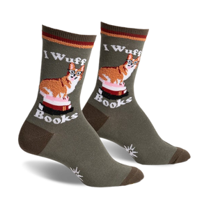 Pair of olive green crew socks featuring a corgi wearing glasses sitting on a stack of books.  Red, white, and brown details.