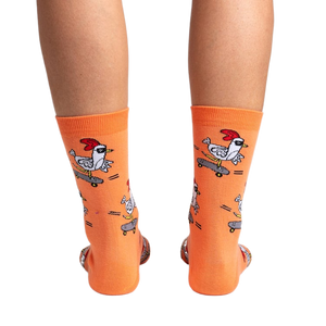 Back view of the Rad Chicken socks on a person's legs, highlighting the design from behind.