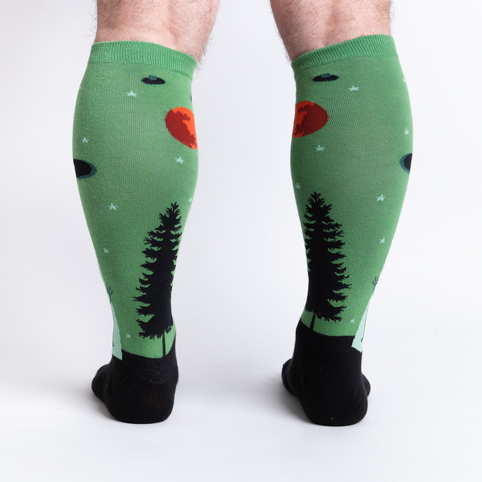 Rear view of 'I Believe' socks showing the full design on the back of the legs.