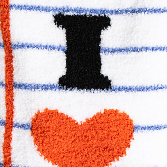 Close-up of 'I' and heart design on the 'I Love Books' socks. Shows texture and detail.