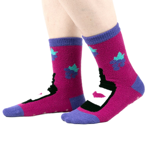 Another view of the 'You Are Really Grape' socks on a person's feet, from the side.