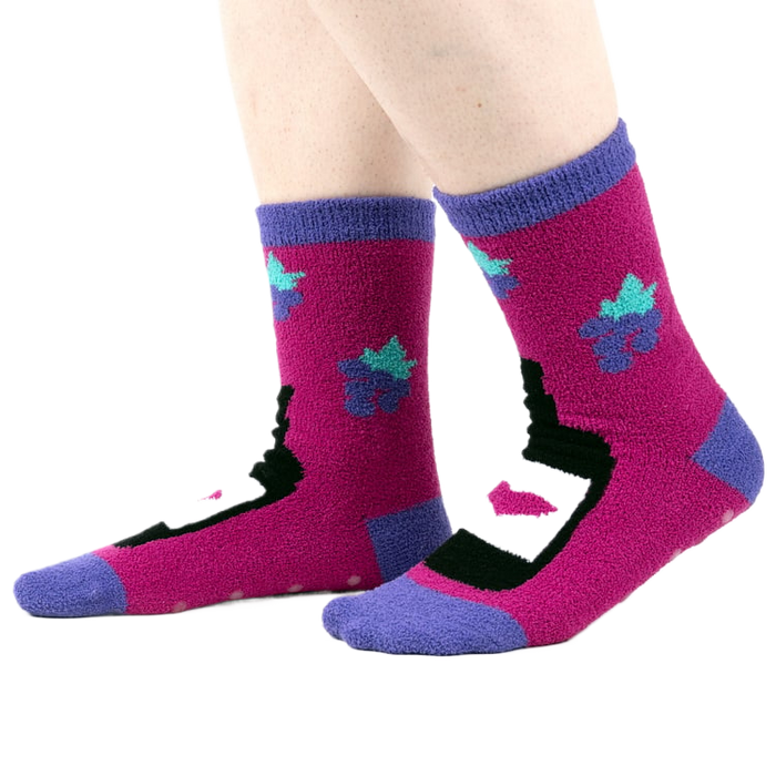 Another view of the 'You Are Really Grape' socks on a person's feet, from the side.