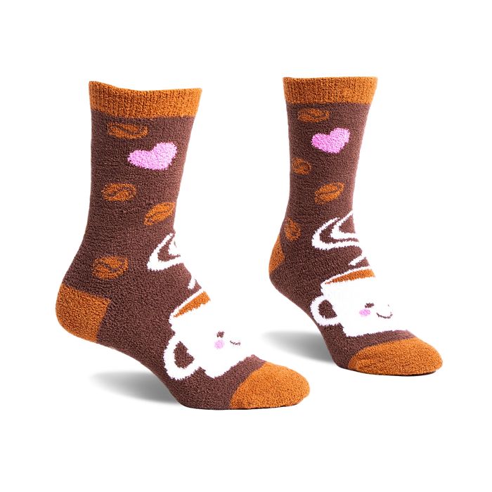 Pair of brown fuzzy crew socks with a whimsical coffee cup, coffee beans, and pink hearts design.