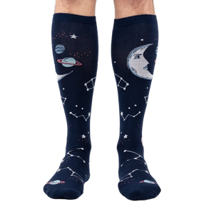 Front view of Moonshadow socks on a model's legs, highlighting the celestial print.