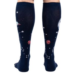 Back view of the Moonshadow socks on a model's legs, showing the design on the back of the socks.
