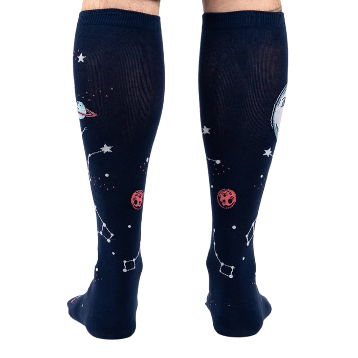 Back view of the Moonshadow socks on a model's legs, showing the design on the back of the socks.