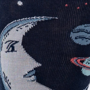 Close-up detail shot of the crescent moon and planets on the Moonshadow socks.