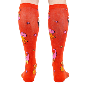 Back view of the 'Herding Cats' socks on a person's legs.