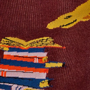 Close-up detail shot of the sock's texture and the book stack design.