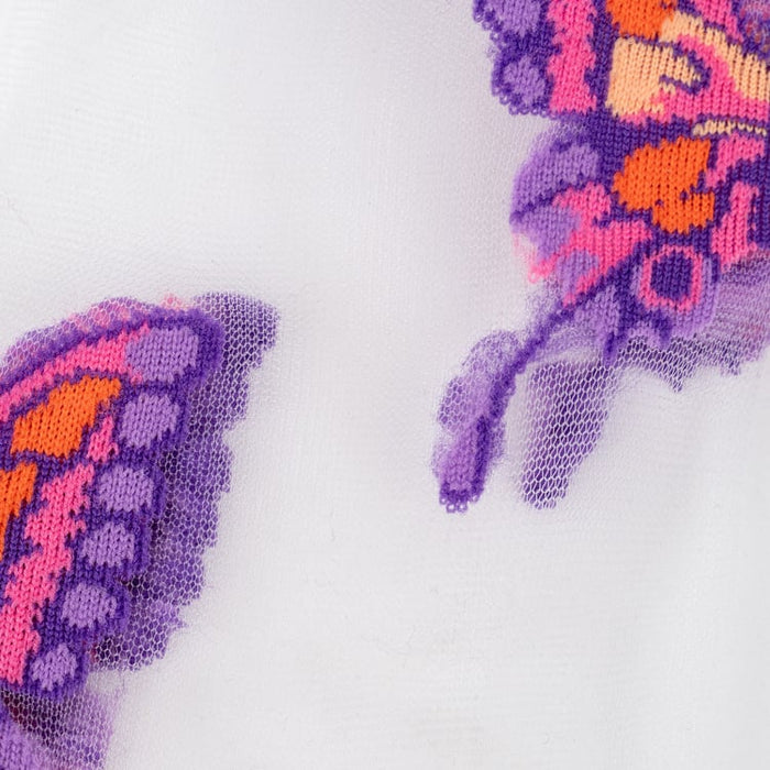 Flatlay image of sheer socks with purple cuffs and butterfly design.