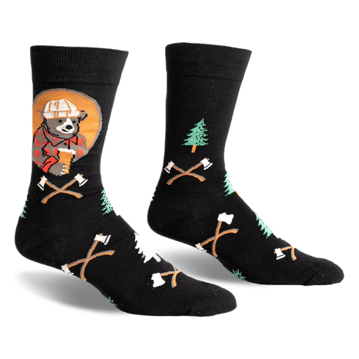 Black crew socks with a lumberjack bear, pine trees, and crossed axes design.  Features pops of red, orange, and green.
