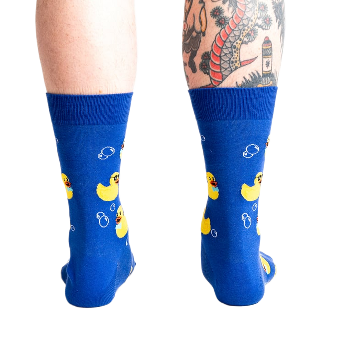Back view of the Rubber Duckie socks, highlighting the all-over print on the back of the socks.