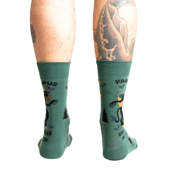 Back view of the Krampus socks, showcasing the design on both sides.