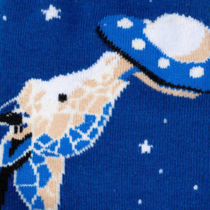 Close-up detail shot of the giraffe and UFO on the 'Stand Tall' socks.