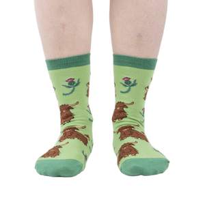 Front view of the socks on a person's feet, showcasing the overall design and color combination.