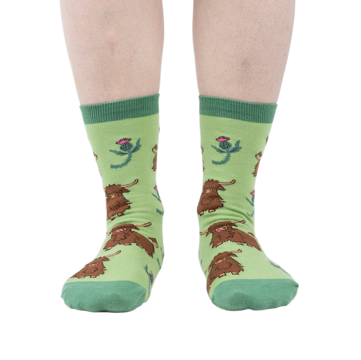 Front view of the socks on a person's feet, showcasing the overall design and color combination.