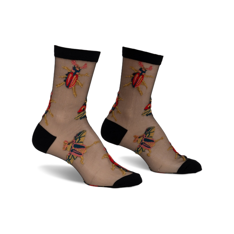 Pair of black sheer ankle socks with embroidered colorful beetles and butterflies.