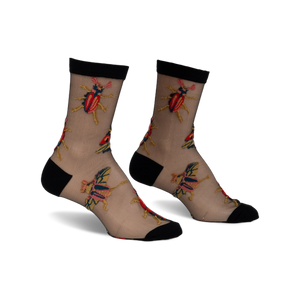 Pair of black sheer ankle socks with embroidered colorful beetles and butterflies.