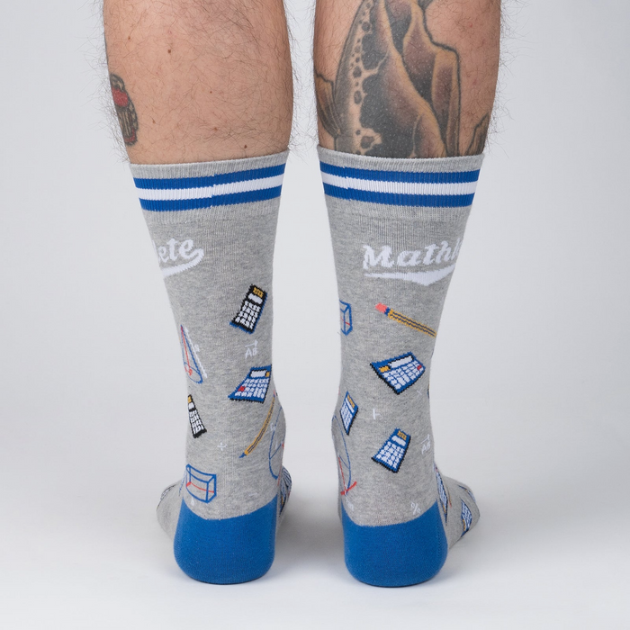 Rear view of the Mathlete socks on a person's legs, showcasing the full design on both socks.