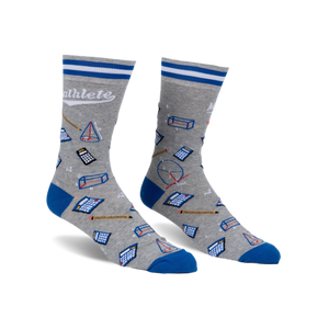 Gray crew socks with blue cuffs and a fun pattern of calculators, geometric shapes, and pencils. The word 'Mathlete' is written on the socks.