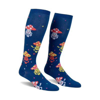 Pair of navy blue knee-high socks with a whimsical pattern of meditating mushrooms in various colors and tiny ladybugs.
